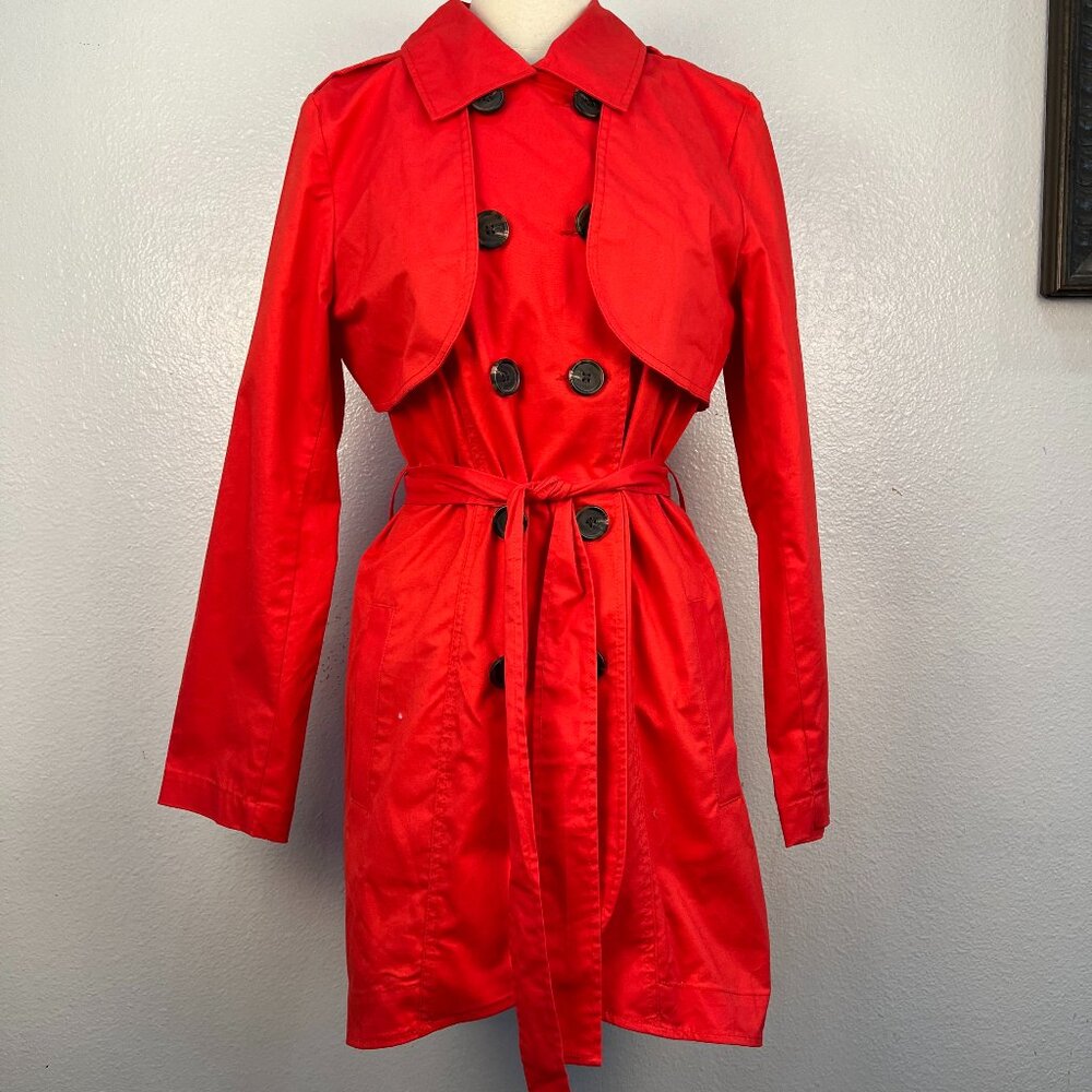 CAbi Convertible Jacket Poppy Red Trench Coat Vest Women's Size 14 Tie Waist EUC